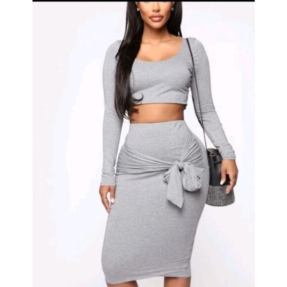 Fashion Nova Ready To Go Bodycon Skirt XS Light Gray Tie Waist EUC - Picture 1 of 9